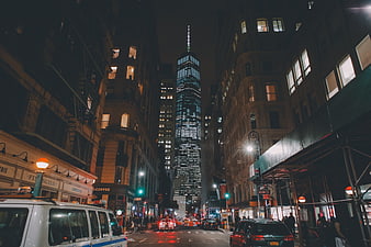 One World Trade Center at Night from New York City Street