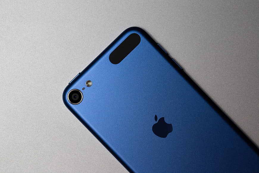 Blue Apple iPod Touch on Gray Background