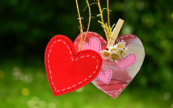 Red and Pink Paper Hearts with Daisies Hanging on Green Background