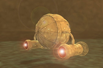 Futuristic spherical spaceship hovering over water surface