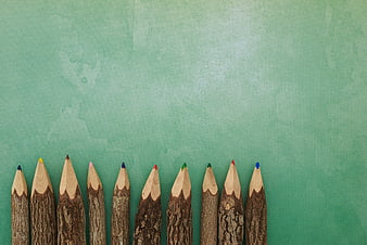 Rustic bark-textured colored pencils on green background