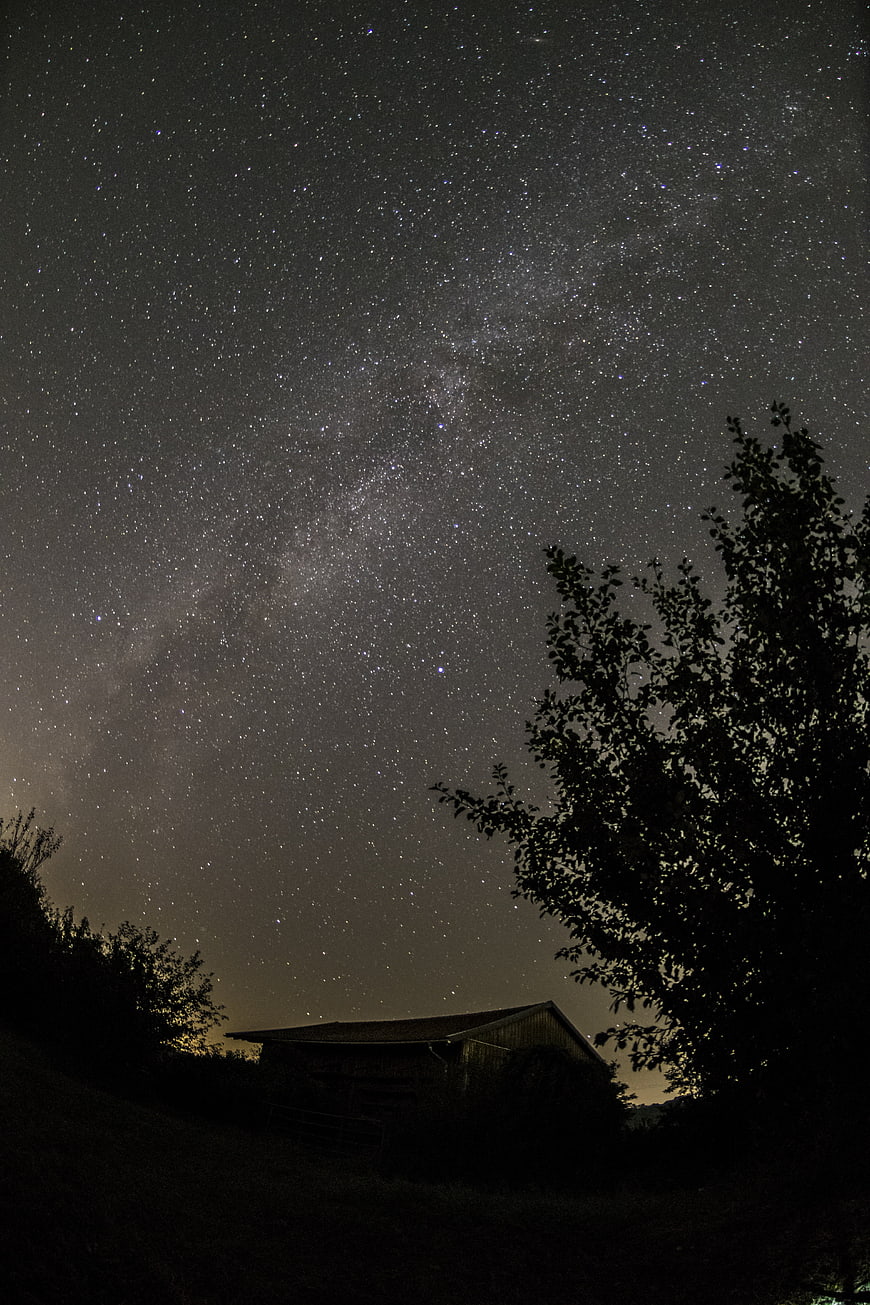 Milky Way Galaxy Over Rural Barn And Silhouetted Trees At Night