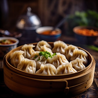Steamed dumplings in bamboo steamer with dipping sauce