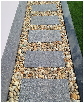 Gray Granite Stepping Stones Pathway Set In Natural River Pebbles