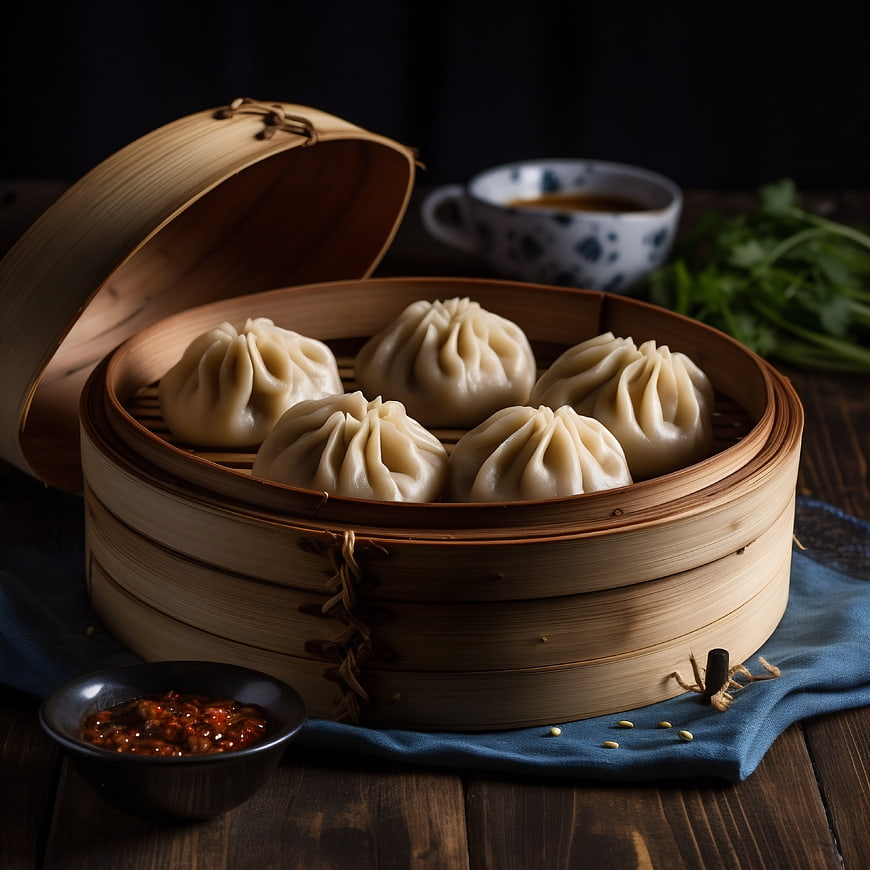 Steamed xiaolongbao dumplings in bamboo steamer