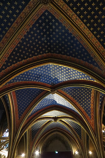 Gothic church ceiling with blue stars and gold arches