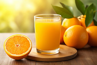 Fresh Orange Juice in Glass with Whole Oranges on Wooden Table