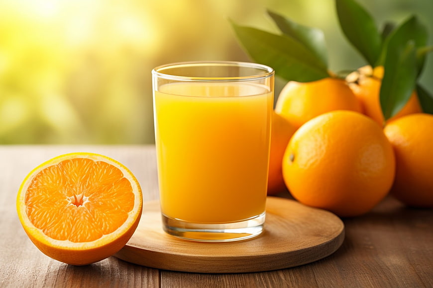 Fresh Orange Juice in Glass with Whole Oranges on Wooden Table