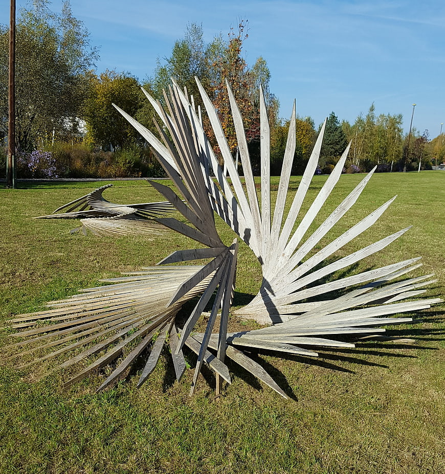 Modern wooden fan sculpture in a sunny park
