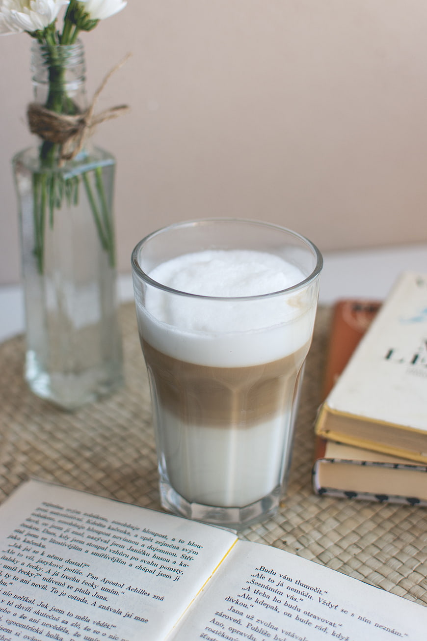 Layered Iced Latte with Books and Flowers