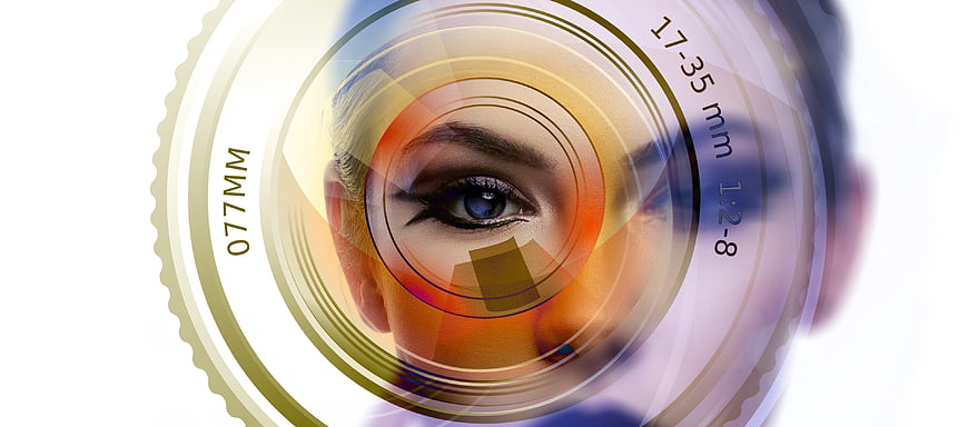 Creative woman's eye inside camera lens graphic