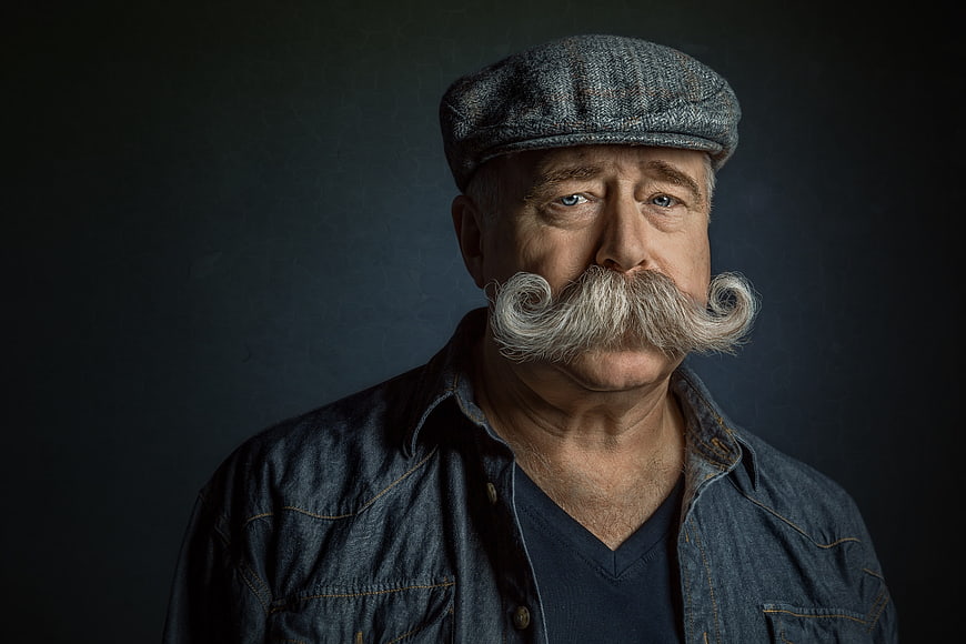 Portrait of senior man with large curled mustache and flat cap