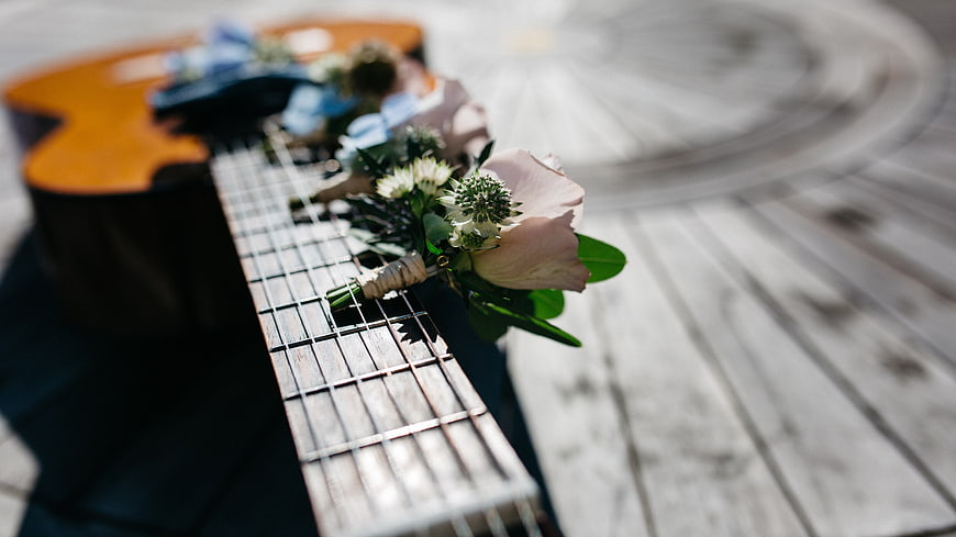Wedding Boutonniere on Acoustic Guitar Neck
