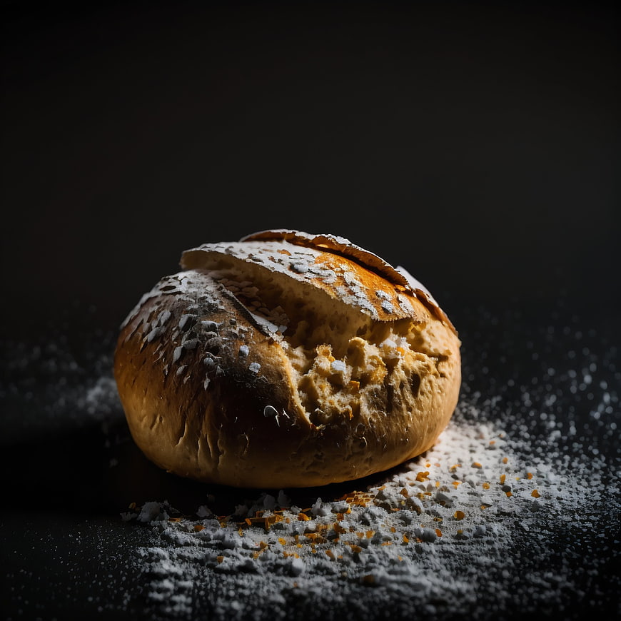 Artistic close-up of rustic sourdough bread with flour on dark background