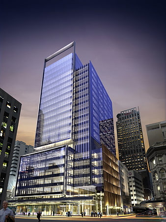 Modern Glass Skyscraper Architecture in Auckland City at Dusk