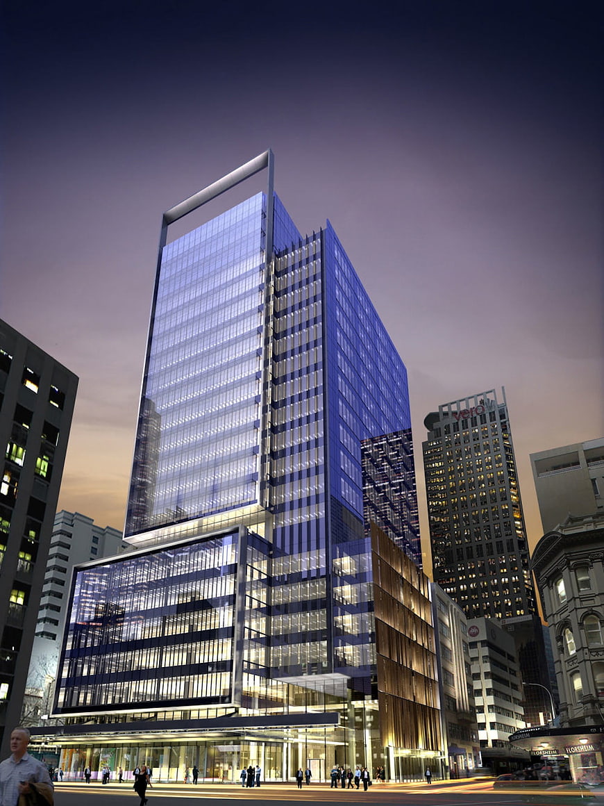 Modern Glass Skyscraper Architecture in Auckland City at Dusk