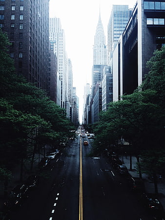 High Angle View of New York City Street with Chrysler Building