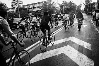 Group of Cyclists Riding Down City Street in Black and White