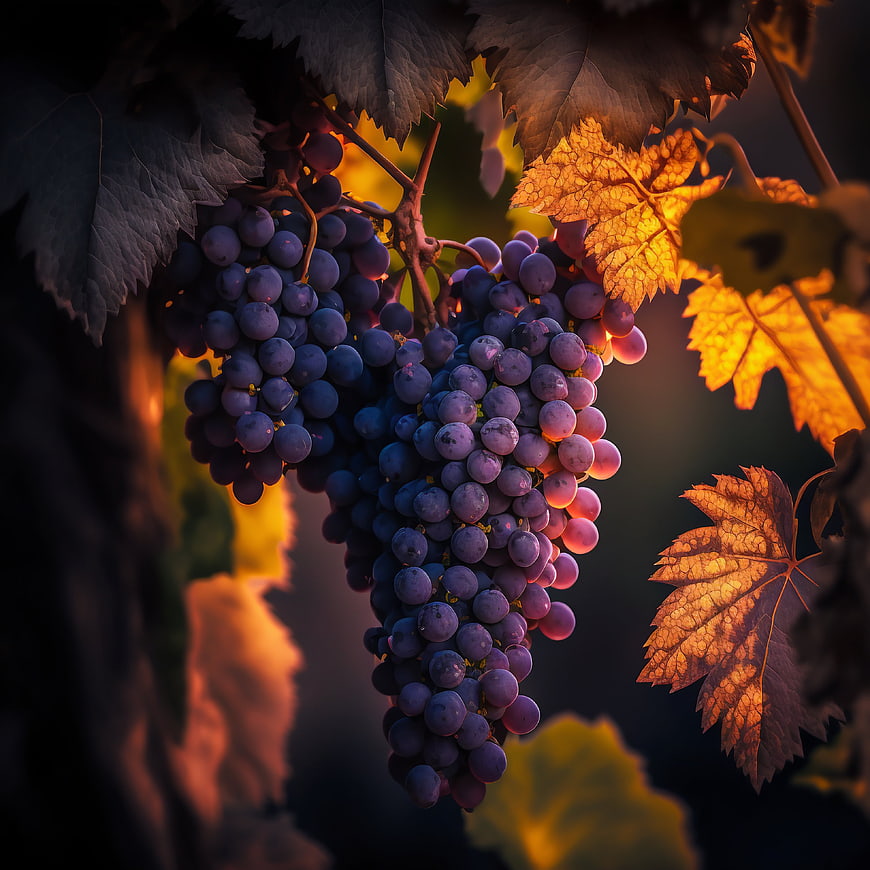 Ripe Purple Grapes on Vine with Golden Autumn Leaves