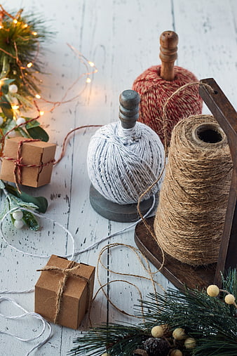 Rustic Christmas Craft Supplies with Twine and Gift Boxes