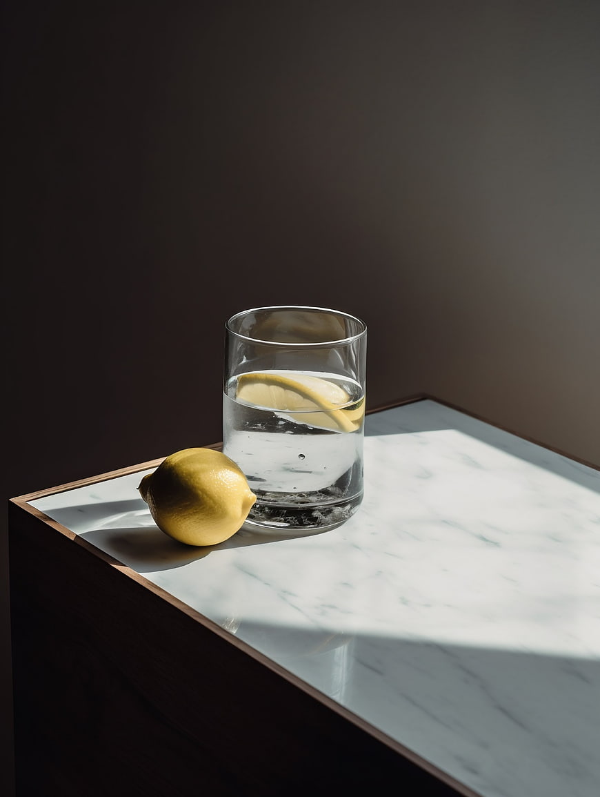 Glass of water with lemon on marble surface