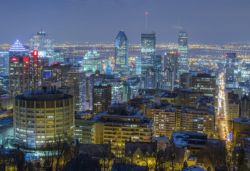 Montreal skyline at night from Mount Royal with snow