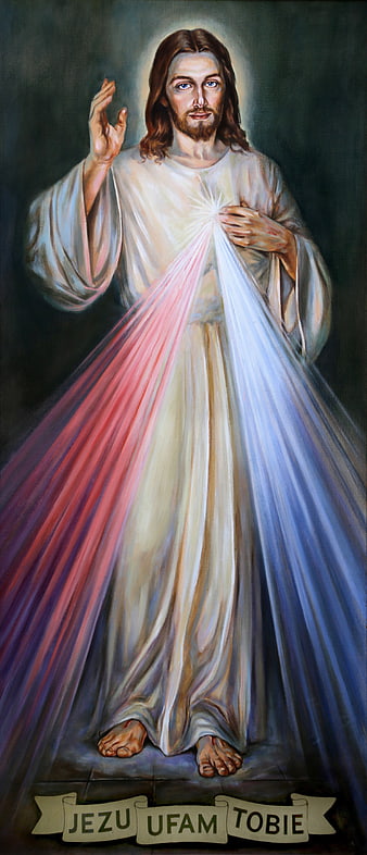 Divine Mercy Jesus Painting with Rays of Light and Polish Text