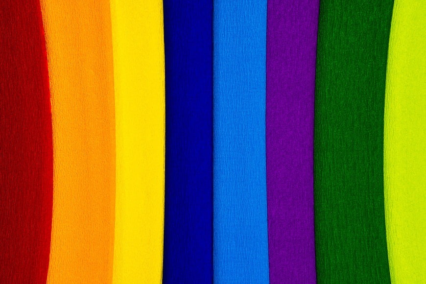 Close-up of colorful crepe paper strips in rainbow pattern