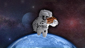 Astronaut Floating in Space Holding Books Above Earth