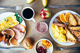 Overhead view of hearty breakfast spread with eggs, bacon, and coffee