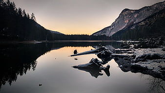 Serene Winter Lake with Snowy Mountains and Driftwood