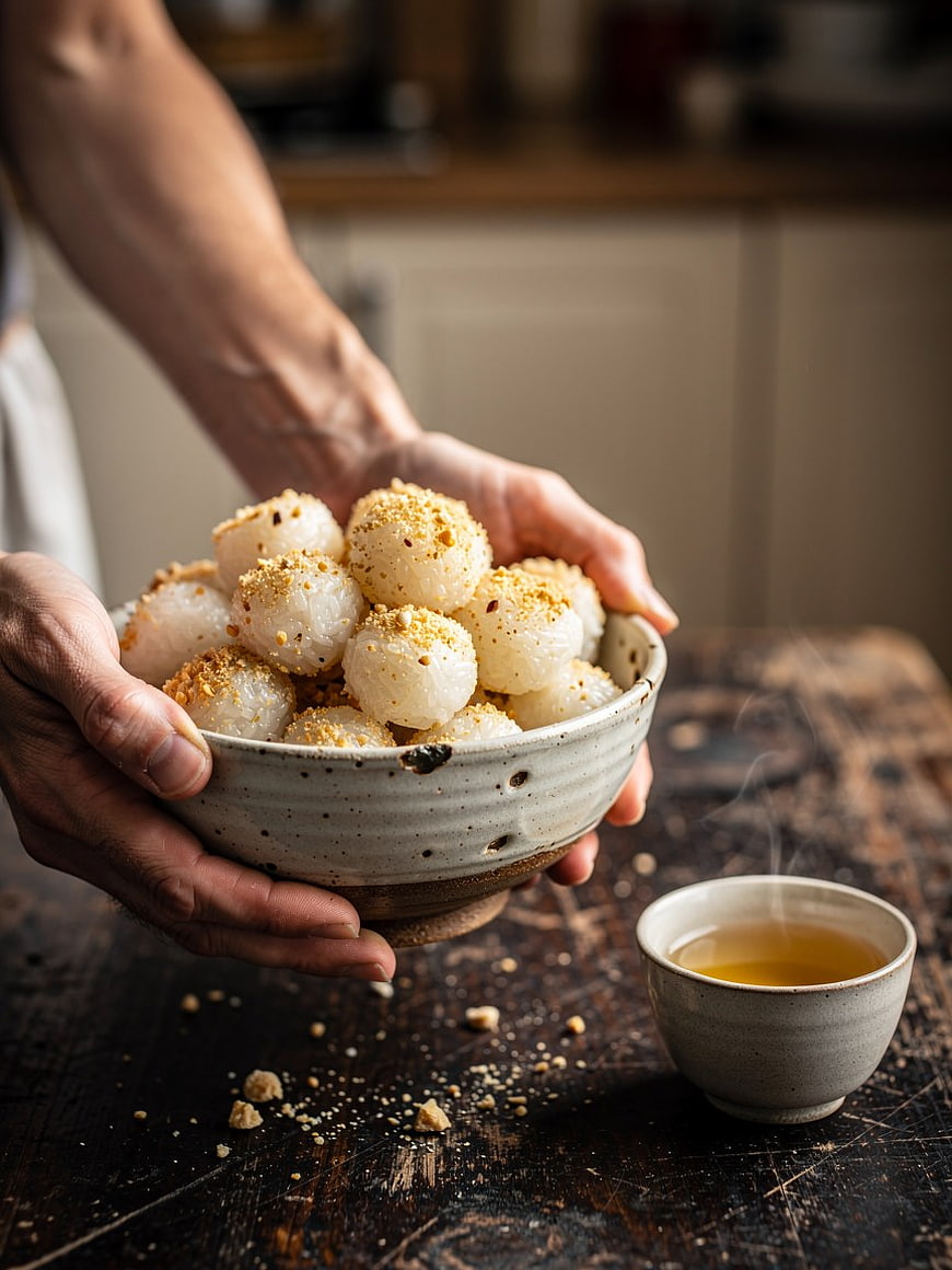Hands holding bowl of sweet rice balls with tea