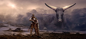 Medieval Knight Facing Giant Bull in Fantasy Landscape