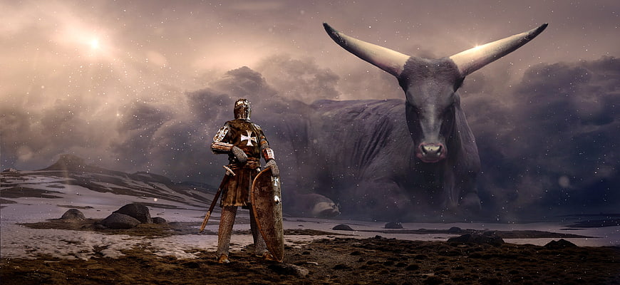 Medieval Knight Facing Giant Bull in Fantasy Landscape