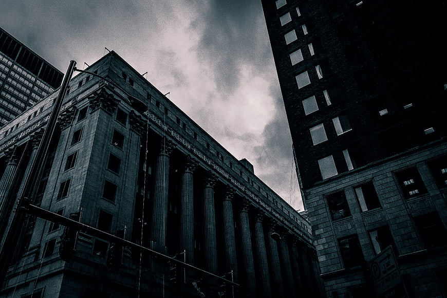 Dramatic Low Angle View of Classical Architecture in City