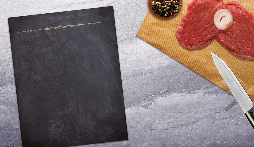Restaurant Menu Template With Raw Meat, Knife, And Peppercorns On Marble