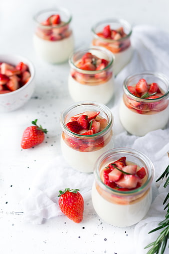 Strawberry Panna Cotta in Glass Jars with Fresh Berries