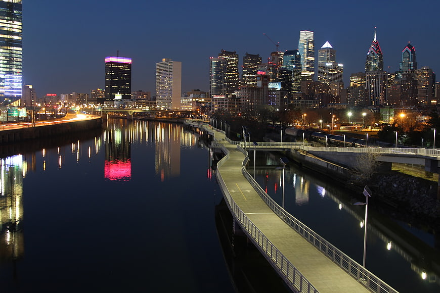 Philadelphia skyline at night with Schuylkill River reflections