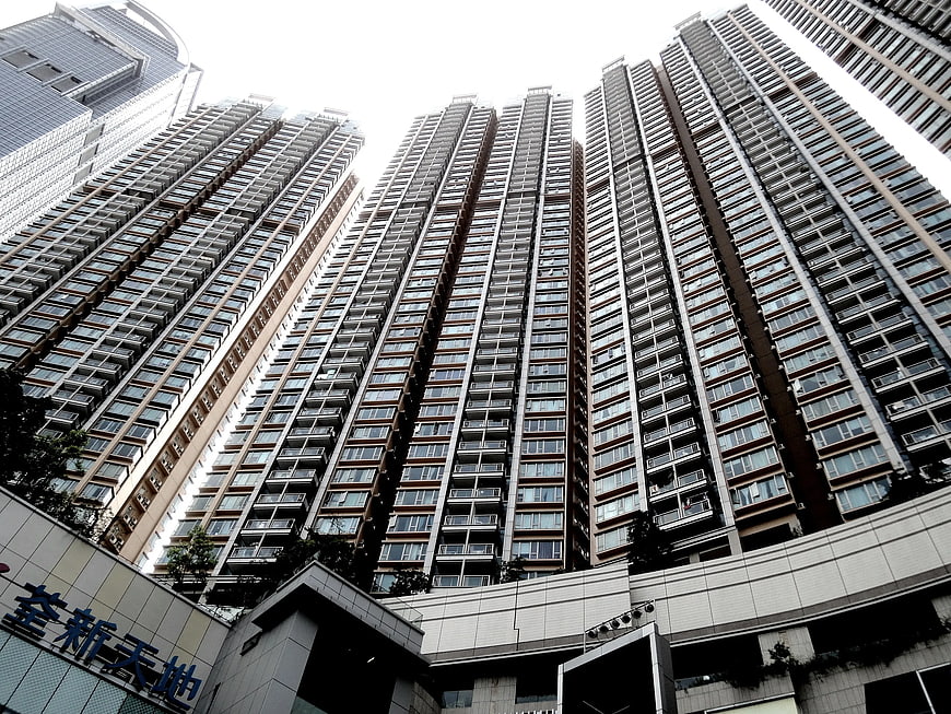 Low angle view of dense high-rise residential skyscrapers