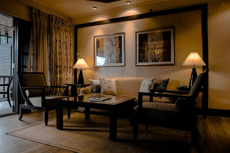 Luxurious Hotel Living Room Interior with Sofa and Lamps
