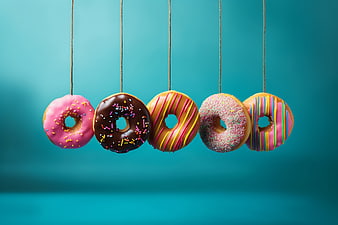 Colorful Glazed Donuts Hanging on Strings Against Teal Background
