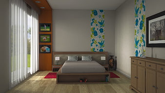 Modern Bedroom Interior Design With Floral Wallpaper And Wooden Furniture