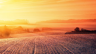 Golden sunset over frosty winter field with rolling hills
