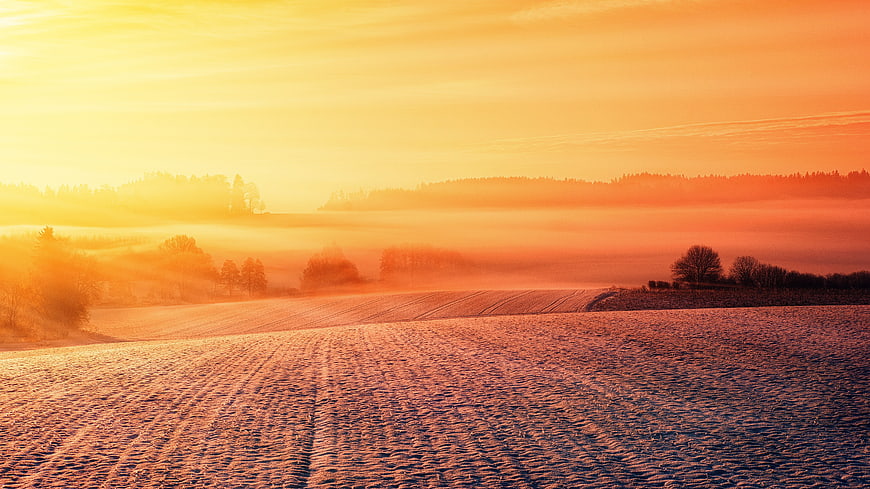 Golden sunset over frosty winter field with rolling hills