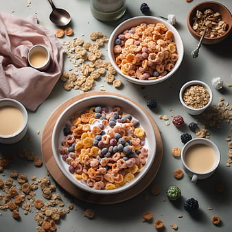 Overhead view of colorful cereal bowls with berries and milk