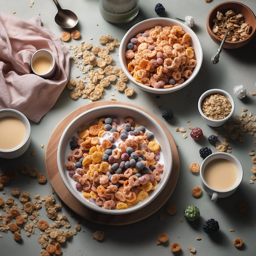 Overhead view of colorful cereal bowls with berries and milk