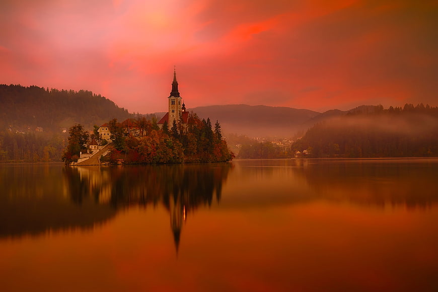 Church on Lake Bled Island at Dramatic Red Sunset