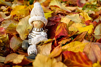 Cute Knitted Doll Sitting in Colorful Autumn Leaves
