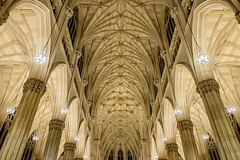 Gothic Cathedral Interior With Vaulted Ceiling And Stone Pillars