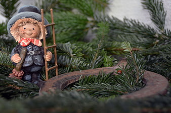 Chimney Sweeper Figurine with Horseshoe and Ladybug on Pine Branches